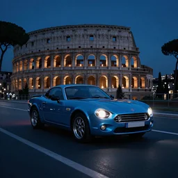 a fiat 124 « Jigouli » in the middle of a road on the night Rome, blue color grading, cinematic color grading , unreal 5, hyperrealistic, realistic, photorealistic, dynamic lighting, highly detailed, cinematic landscape, studio landscape, studio lighting