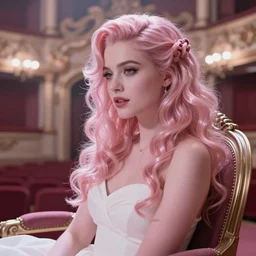 cinestill 5 0 d portrait of a beautiful dreamy woman by annie liebovitz, sitting on a chairof a baroque teathre environment, detailed ambient, pale pink tonal glossy, hair intricate style, wearing white dress, elegant, highly detailed, soft foggy blur, artstation, sharp focus, head in focus,