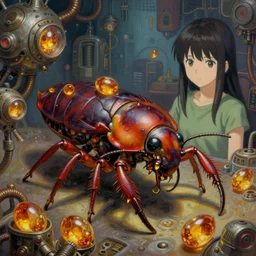 surreal gouache painting, by yoshitaka amano, by ruan jia, by Conrad roset, by good smile company, detailed anime 3d render of big  cockroach and cockroach amber eggs,  portrait, cgsociety, artstation, rococo mechanical and Digital  and electronic, dieselpunk atmosphere