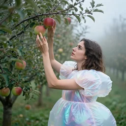a closeup portrait of a woman wearing an inflatable iridescent dress, picking apples from a tree in an orchard, foggy, moody, photograph, by vincent desiderio, canon eos c 3 0 0, ƒ 1. 8, 3 5 mm, 8 k, medium - format print