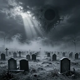 wide view of ash covered graveyard, ashen mist, void black holes, eldritch, beksinski,