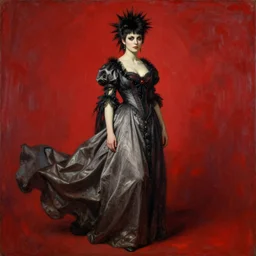 one person only. One head only. Long flowing dress. Solomon Joseph Solomon and Richard Schmid and Jeremy Lipking victorian genre painting portrait painting of a young beautiful woman punk rock goth with punk rock haircut in fantasy costume, red background