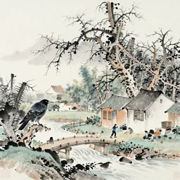 Traditional Chinese painting: Withered vines, old trees, stands a sleepy crow. a small bridge, several cottages, with a stream flow.