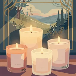 illustration with a set of beautiful scented candles, close - up photo in cozy interior, candle lighting, glowing, pinterest, an art deco painting by tom whalen, trending on behance, art deco, digital illustration, storybook illustration, grainy texture, flat shading, vector art, airbrush, pastel, watercolor, poster