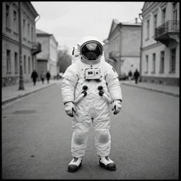 lomo photo of an ussr astronaut staying in the empty street