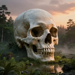 brutalist architecture in shape of skull, surrounded by lush green forest and murky ponds of water, stunning volumetric lighting, sundown, stunning skies, trending on Artstation, 8k, photorealistic, hyper detailed, unreal engine 5, cinematic, epic lighting, cryengine, octane render, gloomy, foggy, dark