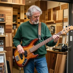slim Canadian 70 year old man with gray hair and beard, forest green sweatshirt, blue jeans, playing bass guitar in his woodblock print showroom in Tokyo, DSLR photo