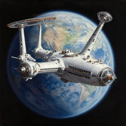 cinematic view of a retrofuturistic space station orbiting an earth - like planet, tim hildebrandt, wayne barlowe, bruce pennington, donato giancola, larry elmore, oil on canvas, artstation, pixiv, cinematic composition, dramatic, beautiful lighting, sharp, details, hd, hdr, 4 k