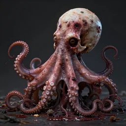 an octopus eating a nauseated _ faceface _ vomitingskull, octane render, unreal engine, sharp focus, highly detailed features, horror element, nightmare, rotten, bruises, infected, bacterial fungus