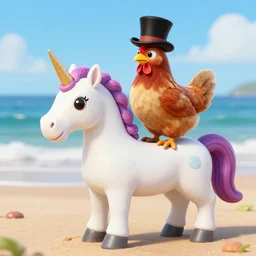 a chicken wearing a tophat on top of a unicorn on the beach