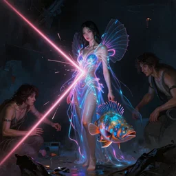 awe-inspiring award-winning concept art painting of attractive asian female anglerfish fanfin seadevil in neon shrouds as the goddess of lasers, sparks, by Michael Whelan, William Adolphe Bouguereau, John Williams Waterhouse, and Donato Giancola, cyberpunk, extremely moody lighting, glowing light and shadow, atmospheric, shadowy, cinematic, 8K,