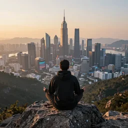 meditating person with hoodie on sitting on top of a mountain overlooking a giant futuristic city by sundawn, high resolution photo, detailed