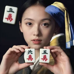 young and beautiful Asian woman, close up shots , symmetrical face, with hands holding 2 Chinese Mahjong tiles, patterns facing to audience, painted by Kerry James Marshall and Vermeer, cinematic lighting of movies directed by Wong Kar Wei, Stanley Kubricks, Norman Rockwell influenced.