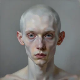 a close up portrait a very ordinary very skinny yound man with a sinister devilish expression, by joel peter witkin and hieronymus bosch and annie liebovitz, very pale skin, very blurry, translucent white skin, foggy, oil painting, photorealistic, anatomically correct, beautiful perfect face, visible brushstrokes, sharp focus, highly detailed, cinematic lighting, 8 k, hd