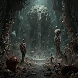 Sci-fi environment set in a nightmarish universe of odd forms and somber tapestry, HR Giger, Wadim Kashin,Bruce Pennington, in Peter Elson color scheme, featured in artstation, octane render, cinematic, elegant, intricate, 8k