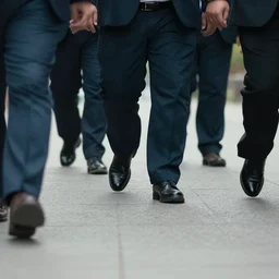 low angle view of the feet and shoes and legs of a group of chubby business men walking past, cinematic