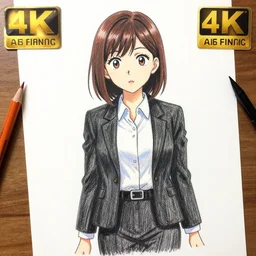drawn anime woman in business clothing, crayon art, very silly, very anime, trending artwork, 4 k, vibrant and dynamic
