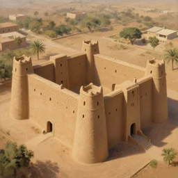 High-quality realist painting of an old West African castle made of mud bricks, aerial view, very detailed, peaceful, digital art.