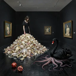 painting of a flooded art gallery room at an art gallery, black walls, japan black wooden floorboards, a tall emo woman guarding a massive pile of shells and bones, a black swan, sensual, octopus tentacles coming from puddles, pomegranates, zen, surrealist, by magritte and monet