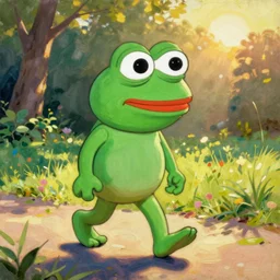 pepe the frog walking in summer dawn, funny sunny atmosphere, positive vibe, norman rockwell, bao phan, bruce pennington, larry elmore, oil on canvas, deep depth field, masterpiece, cinematic composition, hyper - detailed, hd, hdr