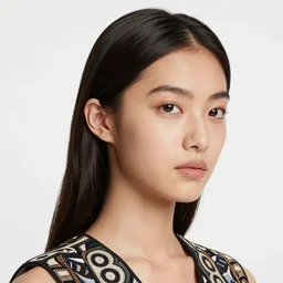head shot photo of a female model in her twenties, silky straight hair, wearing a designer top, looking content, photo realistic, extreme detail skin, natural beauty, no filter, slr, golden hour, 4 k, high definition, selfie