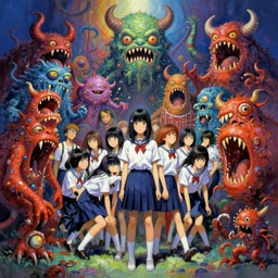 psychedelic monsters ripping apart highschool students, by shigenori soejima, by frank frazetta, digital painting masterpiece, beautiful brush strokes, advanced lighting technology, symmetrical!!!