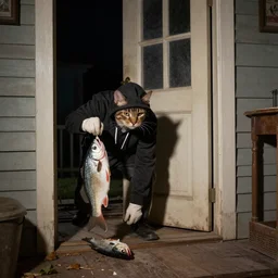 a cat burglar sneaking into a house at night stealing a whole fish 1950s style