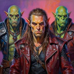 apocalyptic scifi orcish biker characters posing for a professional photo, psychedelic vibrant colors, futuristic punk rock fashion, highly detailed oil painting by michael whelan art, perfect face, sharp focus, detailed eyes, realistic, long hair, leather jacket, 8 k, warcraft orc, lord of the rings orc