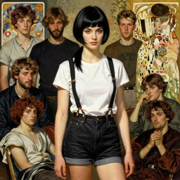 a woman with black hair and long pixie haircut in shorts with suspenders and white t-shirt drawn by frank frazetta, gustave caillebotte, Alexandre Cabanel, norman rockwell, alphonso azpiri maler collier, peter paul rubens, alphonse mucha, gustav klimt 4k, unreal 5, DAZ, french noveau, trending on artstation, octane render, hyperrealistic