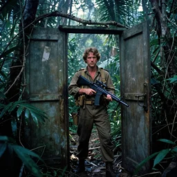 film still of finn wolfhard as a door gunner from apocalypse now, full metal jacket, vietnam war associated press photo, jungle, wide angle lens, kodak ektachrome, blue tint expired film