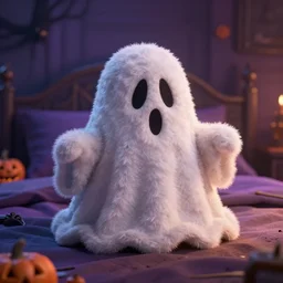photograph of a spooky ghost plushy on a bed, fluffy plush, halloween themed, vibrant color photo, style of shaun tan