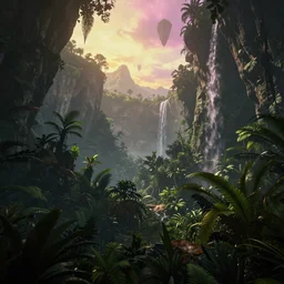 a beautiful render of a dark prehistoric rainforest in a humongous cave, lush flora, patches of yellowish - magenta sky, sunset, floating mountains and a waterfall in the background, intricate detail, hazy, humid, volumetric lighting, 8 k, photorealistic, raytracing effects, unreal engine 5