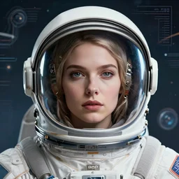 retrofuturistic portrait of a woman in astronaut helmet, space graphics art in background, close up, quint buchholz, wlop, dan mumford, artgerm, liam brazier, peter mohrbacher, raw, featured on artstation, octane render, cinematic, elegant, intricate, 8 k