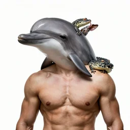 high resolution photo portrait of muscular animal human merged head dolphin snake goat skin ears, background removed, scales skin frog dog rat, alligator cat merged bird head cow, chicken face morphed fish head, gills, horse head animal merge, morphing dog head, animal eyes, merging crocodile head, anthropomorphic creature