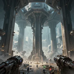 the depths of a vast artificial world with massive towering pillars holding the ceiling of the incredibly geometric landscape up with machinery dwarved by the environment and energetic beings patrolling, extreme depth, wayne barlowe and mc escher collaboration, abyss, colossal hovering machine automations of brutalist design visible in the foreground
