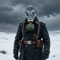 portrait of futuristic world war 1 soldier with gas mask in the snow, black clothes, dark clouds, blue filter, dripping paint, ultrarealistic, photorealistic, intricate detail by greg rutkowski, craig mullins, ash thorpe, fibonacci rhythm ar