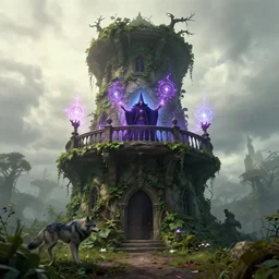 a detailed concept art of a powerful wizard castin spells in a poison ivy covered tower. balcony. magical protection. magical wizard. magic. a wolf in the ground. gopro. morning. trending on artstation, craig mullins, rutkowski