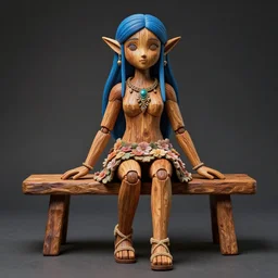 dslr photo of a pretty wood elf made of wood, full bodied portrait with blue hair, sitting on a bench wearing a flower skirt, and body and wearing hemp sandals and a very detailed faerie necklace around neck, artgerm, artstation, very high quality face, intricate details, extremely high quality, moody lighting, real camera, real photo, photography by deviantart, 8 k, full subject in shot