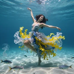 jennifer connelly dancing underwater wearing a very long flowing dress made of many translucent layers of silver and blue lace seaweed, bolts of bright yellow fish, caustics lighting from above shines on the sandy bottom, swirling silver fish and smoke shapes in the foreground and background, octane render, cinematic, hyperdetailed