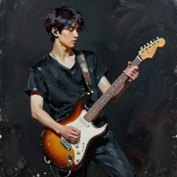 large diagonal brush strokes, abstract dark painting of a young korean male musician wearing stylish black v neck t shirt holding a telecaster!!! electric guitar!!, thick flowing dramatic brush strokes, dark matte colors, abstract, impressionist, motion, trending on artstation