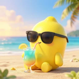 very very very octane render of a chibi yellow!!!!! lemon!!!!! head!!!!! with no body drinking a delicous caribbean drink, wearing sunglasses relaxing on a tropical beach at sunrise