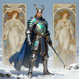iridescent opal viking warrior, winter, snow, morandi color scheme, hd, illustration, epic, d & d, fantasy, intricate, elegant, highly detailed, wide angle, digital painting, artstation, concept art, smooth, sharp focus, illustration, wallpaper, art by artgerm and greg rutkowski and alphonse mucha and jin xiaodi