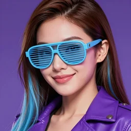 closeup painting of a very beautiful young mexican cyberpunk woman with a smirk, wearing light blue venetian blind shades and a purple coloured leather jacket, one side haircut, long brown hair with light blue ends, portrait, hyperdetailed, artstation, cgsociety, 8 k, synthwave image