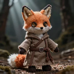a fantasy foxfolk druid doll wearing mage robes, cinematic, cotton fabric, button eyes, seams, cinematic, dust particles, god rays, led lights, dungeons and dragons, fantasy art, real life, photograph, national geographic