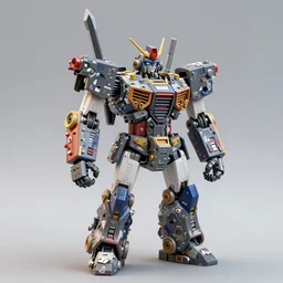 a toy figure of a robot with a sword, a raytraced image by Yoshiyuki Tomino, polycount, toyism, marvel comics, polycount, made of trash