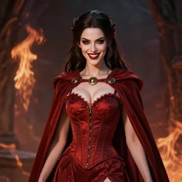 fire sorceress, cocktail dress, corset, long cloak, evil, grin, dnd, highly detailed, detailed face, monochromatic red, manga illustration, by artgerm, greg rutkowski, alphonse mucha