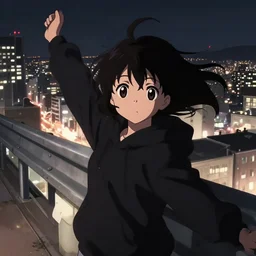 anime visual, portrait of a young black haired girl wearing hoodie sightseeing above the city, guardrail, cute face by yoh yoshinari, katsura masakazu, dramatic lighting, dynamic pose, dynamic perspective, strong silhouette, ilya kuvshinov, anime cels, rounded eyes, moody