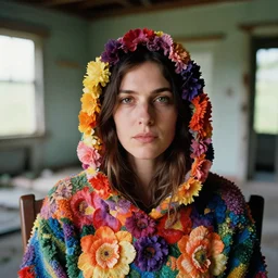 closeup portrait of a woman with a hood made of flowers and rainbows, sitting in a chair in an abandoned house, by Annie Leibovitz and Steve McCurry, natural light, detailed face, CANON Eos C300, ƒ1.8, 35mm, 8K, medium-format print