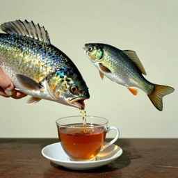 a real fish is drinking from a cup of tea, photorealism, by salvador dali