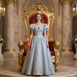 a beautiful princess standing in front of an ornate throne in a castle